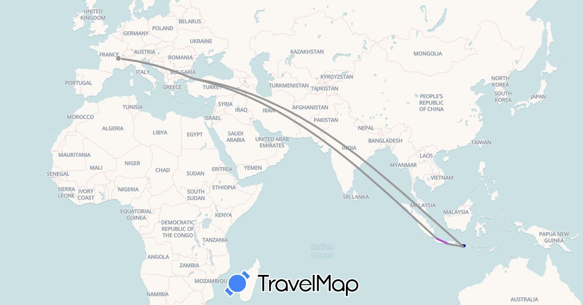 TravelMap itinerary: driving, plane, train in France, Indonesia, Turkey (Asia, Europe)